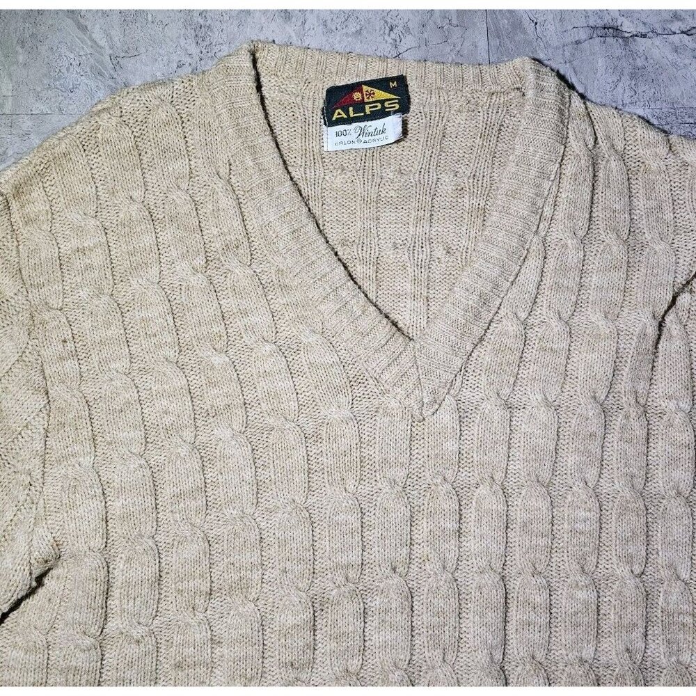 Vintage Alps Wintuk Orlon Sweater Womens Medium Pullover V Neck Beige Tan Brown - Picture 5 of 7